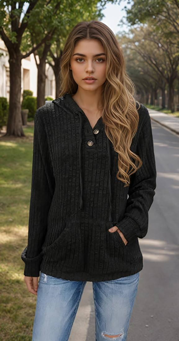 Womens Fall Oversized Sweater Hoodie with Long Sleeves Button Hood and Pocket - Image 3