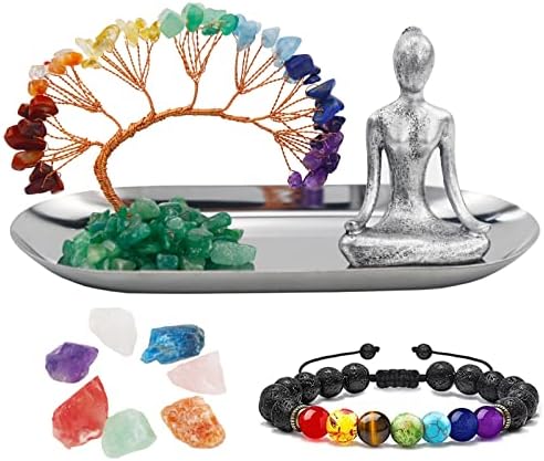 Meditation Accessories, Zen Spiritual Decor, 7 Chakra Crystal Tree Healing Stones and Yoga Statues, for Living Room, Office, Shelves, Mantle Decor, Birthday Gifts for Women