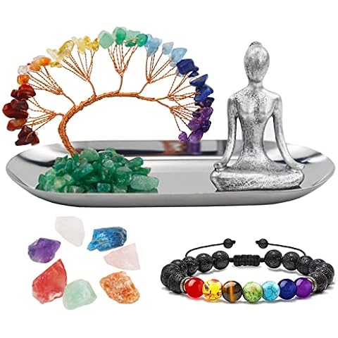 Meditation Accessories, Zen Spiritual Decor, 7 Chakra Crystal Tree Healing Stones and Yoga Statues, for Living Room, Office, Shelves, Mantle Decor, Birthday Gifts for Women Cover