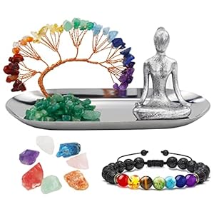 Meditation Accessories, Zen Spiritual Decor, 7 Chakra Crystal Tree Healing Stones and Yoga Statues, for Living Room, Office, Shelves, Mantle Decor, Birthday Gifts for Women