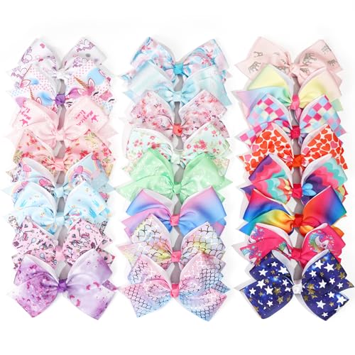 24PCS 4.5Inch Bows for Girls Boutique Grosgrain Ribbon Rainbow Hair Bow Alligator Hair Clips Pigtail Bows Unicorn Hair Clips for Baby Girls Toddler...