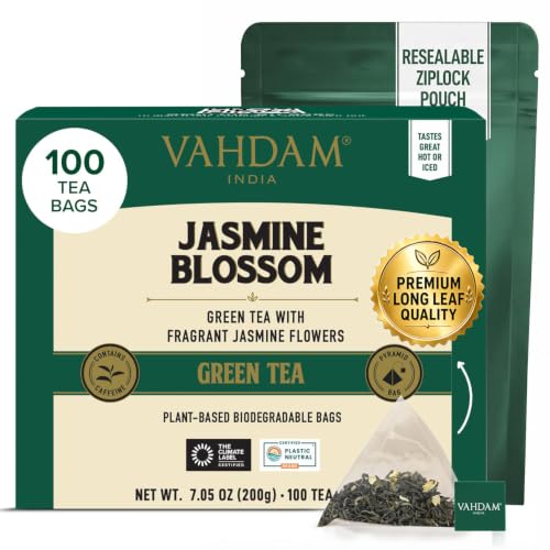 VAHDAM, Jasmine Green Tea Bags (100 Count) Med Caffeine, Non GMO | High Grown Green Tea Blended w/Pure Jasmine Flowers | Resealable Ziplock Pouch
