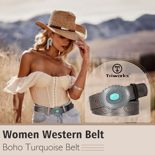 Women's Western Leather Belt Vintage Medieval Turquoise Buckle Belt Ladies Cowgirl Leather Waist Belt2