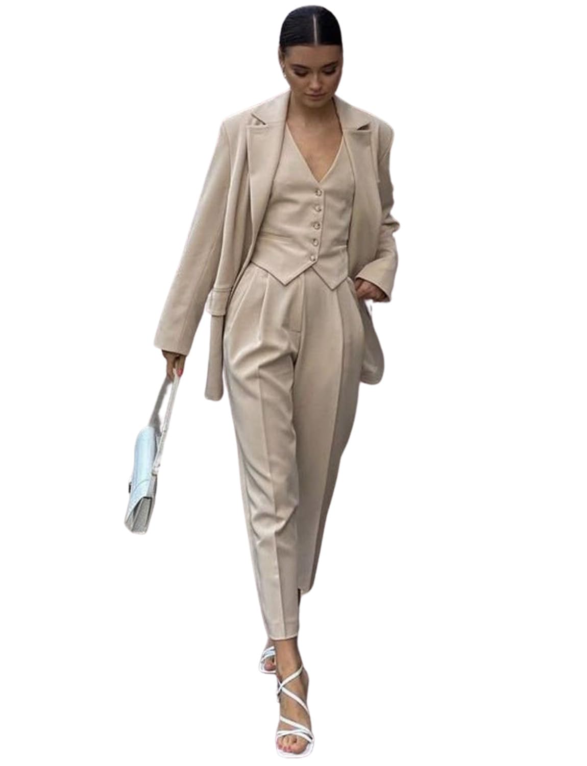 Kromoc Womens Single Breasted Suit Three-Piece Jacket Vest Trousers Tuxedos Casual Daily Party Work Lady