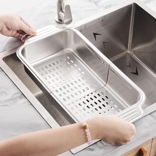 Image of KRESHU Sink Strainer Basket | 17.5 Inch Kitchen Sink Basket Strainer Steel Expandable Over Sinks Colander for Washing Vegetables, Fruits, Draining Pasta & Drying Dishes | Pack of 1