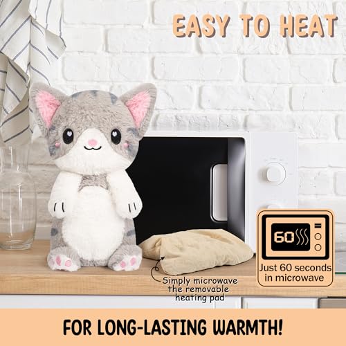 Image of Happy Fuel Grey Cat Microwavable 1.5 lbs Unscented Heating Pad for Women & Kids- Cute Soft Cozy Pillow Plush Heatable Warm Stuffed Animals- Kawaii Hot & Cold Plushie - Gray Cat Gifts for Girls & Women