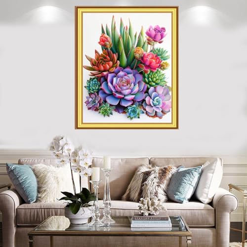 Image of Foxnyart Stamped Cross Stitch Kits Full Range of Embroidery Needlework Starter Kits for Beginners Adults 11CT Embroidery Patterns Art Crafts DIY Needlepoint Kit-Flower Succulent Plant 16x20 inchs