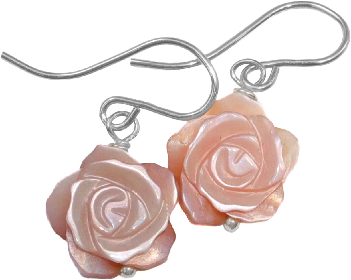 Mother of Pearl Earrings Carved Pink Rose Flower Iridescent Drops 14k Gold Sterling Silver