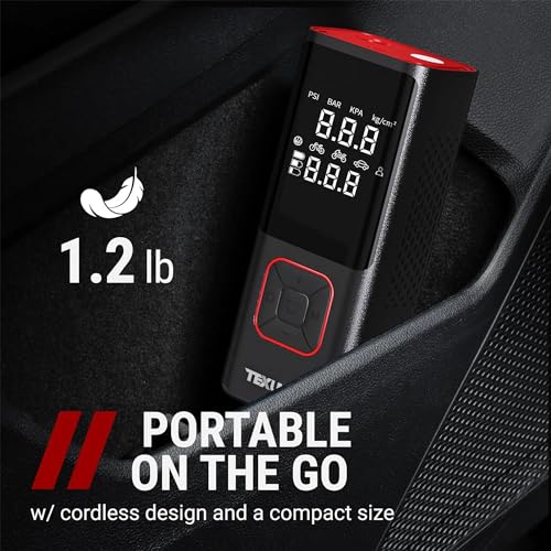 Image of Texum TAP-25 Cordless Tyre Inflator - Multipurpose Portable Air Compressor 160PSI, Air Pump for Car Tires, Balls and Inflatables (Red)