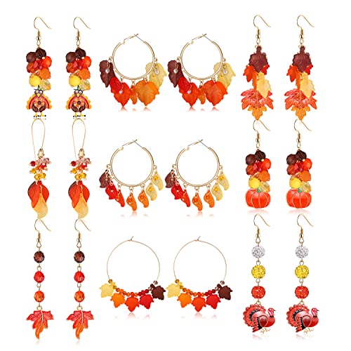 9 Pairs Thanksgiving Earrings Fall Turkey Pumpkin Leaf Charms Dangle Earrings Handmade Layered Maple Leaves Hoop Dangling Earrings Set for Women Girls Variety Pack Fun Thanksgiving Holiday Themed Color Star Heart Beads Earrings Jewelry Accessories