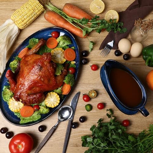 Vicrays Gravy Boat with Saucer - Large 17oz Ceramic Sauce Boat with Tray Set of 2 for Turkey Salad Dressings Creamer Milk Broth - Thanksgiving Christmas Holiday Serving Dishes - Blue - Thumbnail 5