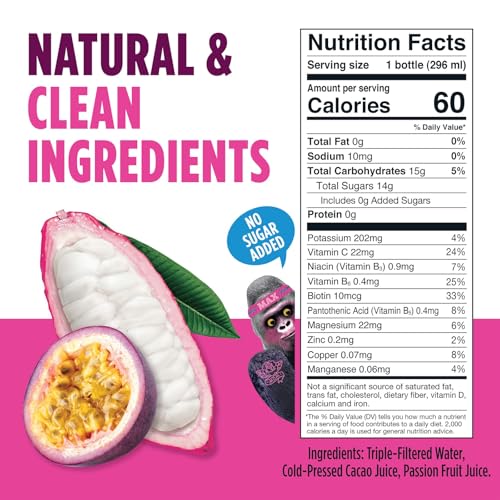 Image of Blue Stripes Passion Fruit Cacao Water - Hydration Drink with Natural Electrolytes & Antioxidants | Cold Pressed Cacao Juice, Fruit Juice & Water | No Sugar Added & Plant Based | 10 Fl Oz (12 Pack)