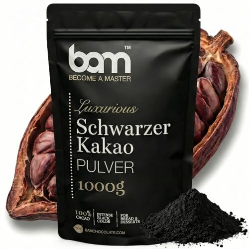 BAM Cacao Negro en Polvo, 1 kg – Cacao Puro y Desgrasado sin Azúcar para Repostería y Decoración – Sin Gluten y Apto para Veganos