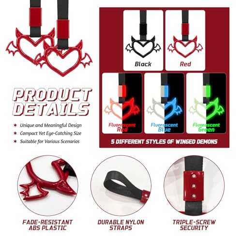 Image of 2 Pcs Devil Heart Shaped Car Handle Strap - JD M Drift Charm Rear Bumper Warning Ring Decor for Car Interior Exterior, Subway Bus Handle Accessory, Cute Heart Car Decor Gift (Red-Wing)