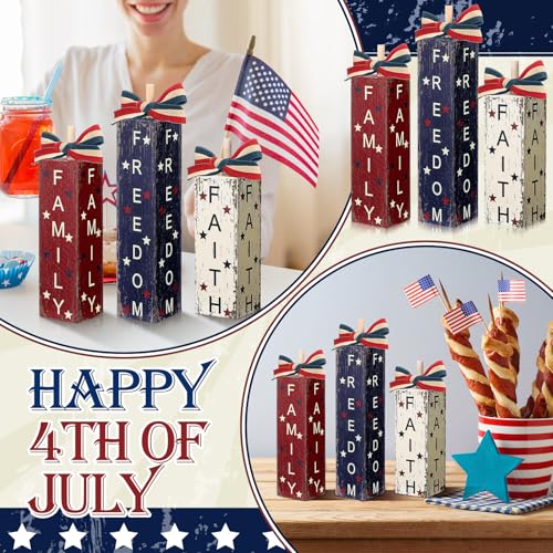 3 Pcs 4th of July Decorations Patriotic Table Sign Red White Blue Tiered Tray Decor Wood Independence Day Centerpieces America Sign for Memorial Day Farmhouse Home Shelf Tabletop(Retro) - Image 5