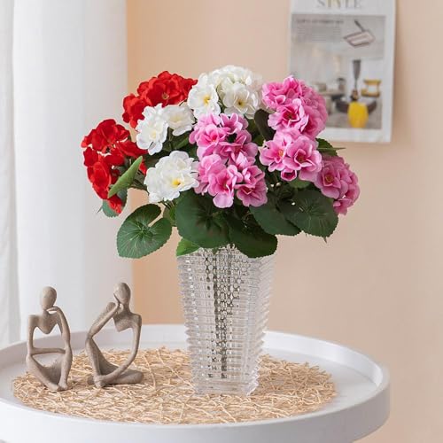 Flores artificiales de geranio, flores de seda de geranio, geranios de seda para exteriores, arbusto de geranio artificial rojo resistente a los rayos UV, flores artificiales para decoración de