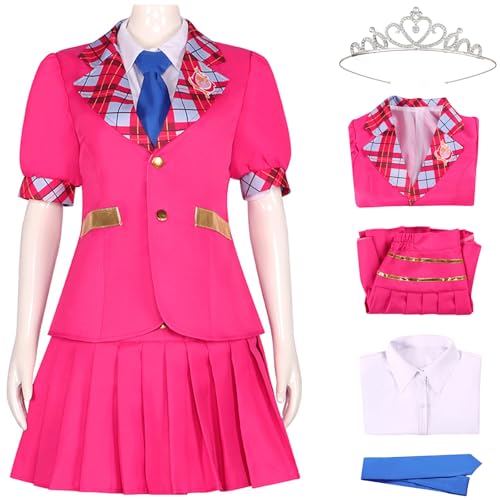 Windskids Sofia Disfraz con Corona Mujer Cosplay Princesa Academia Rosa Uniforme Escolar Set Chaqueta y Camisa Falda Corbata para Carnaval Halloween Fiesta Mascarada Fancy Juego de rol Traje