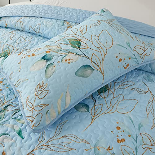 3 Pieces Floral Quilt Sets Queen Size,Blue Leaf Queen Quilt Sets Soft Bedspread Queen Size Bedding Set For All-Season (96"X90") #TOP3