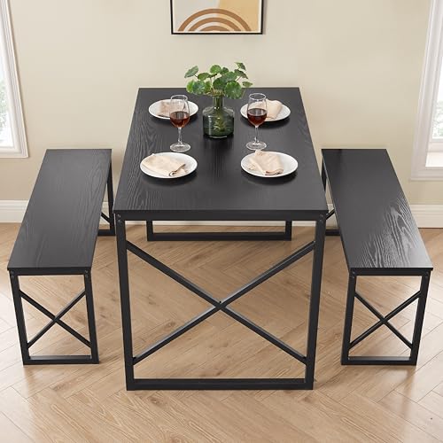 Image of VECELO 43.3 inch Kitchen Dining Table Set for 4, Heavy-Duty Steel Frame & Wood-Grain Tabletop, Space-Saving Dinette Sets with 2 Benches for Breakfast Nook and Small Space, Black