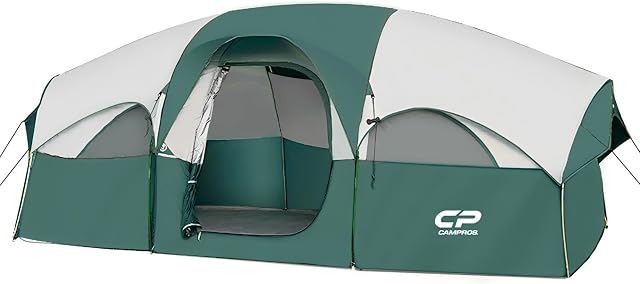 Tente CAMPROS CP 8 personnes, Tentes de camping résistantes aux intempéries, 5 grandes fenêtres en maille, double couche, rideau divisé pour chambre séparée, portable avec sac de transport