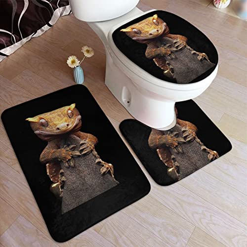 Aniaml Gecko Eidechse Badezimmer Teppich Fußmatte 3-teiliges Set Waschbare Badezimmer Bodenmatte/U-förmige WC Vorleger/O-Form Toilettendeckelbezug mit Vollgummirückseite