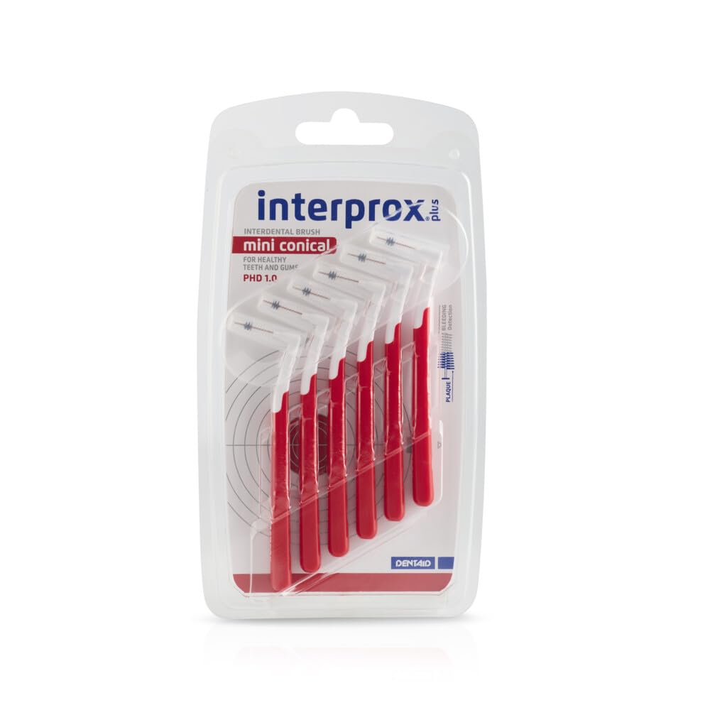 Interprox Cepillo de dientes, mini cepillos interdentales rojos, juego de 36, fácil de usar, forma elegante, higiénico, para implantes, coronas y soportes, unisex para adultos