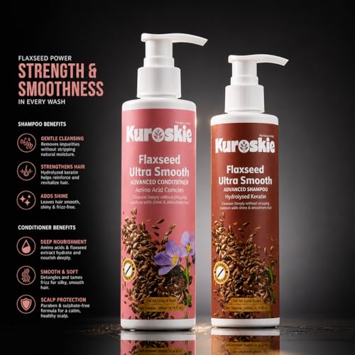 Image of Flaxseed Ultra Smooth Shampoo & Conditioner Combo | Flaxseed Extract, Hydrolysed Keratin & Amino Acid Complex | Anti Frizz, Smooth & Shiny Hair | Sulphate & Paraben Free | Men & Women | Shampoo 200ml + Conditioner 175ml