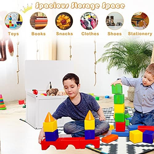 GYMAX Kids Toy Box, Children Large Storage Wooden Chest with Safety Hinge, Toddler Room Organizer Flip-Top Bench for Playroom, Bedroom and Baby Nursery (White)