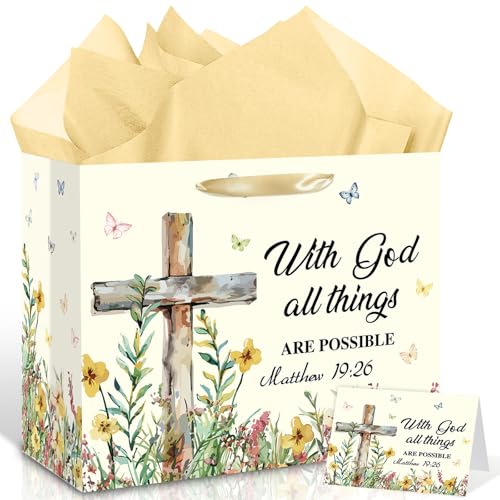 Wauprant Christian Gift Bags with Wrapping Paper and Card Religious Cross Gift Bag Baptism Paper Bag for First Communion Confirmation Church Blessings Women Wedding Supplies