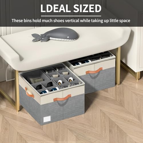 Image of Aokeyee Shoe Organizer for Closet,2 Pack Foldable Shoe Storage Organizer Box Bin with Adjustable Dividers and Clear Cover, Fits up to 16-32 Pairs