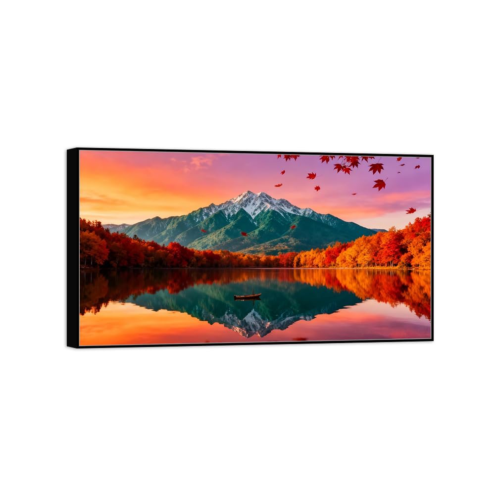 Landscape Canvas Prints Autumn Tree Lake Home Decor 30x55cm Black Frame