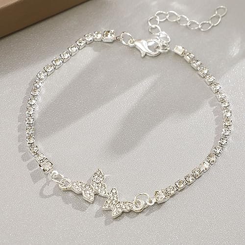 E Emzhole 3 Pieces Silver Butterfly Necklace Bracelet Dangle Earrings Set,Butterfly Pendant Necklace White Plated Jewelry Set With Aaa Cubic Zirconia,Rhinestone Cuban Necklace Bling Charm Butterfly Hoop Earrings For Women thumb #4
