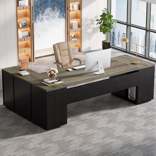 Tribesigns 85.8-Inch L-Shaped Executive Desk with File Drawers, Door Cabinet & Shelves, Extra Large Commercial Office Desk, Modern Professional Office Table Business Furniture, Grey & Black