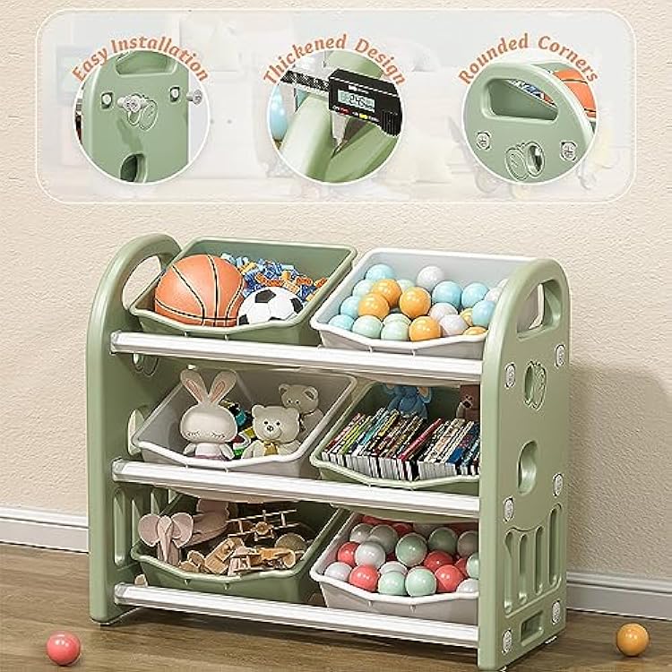 Kids Toy Organizer with 6 Storage Bins, Toy Organizer and Storage for Kids Toys, Children Toy Storage Organizer for Playroom, Kids Room, Nursery Room (Green)