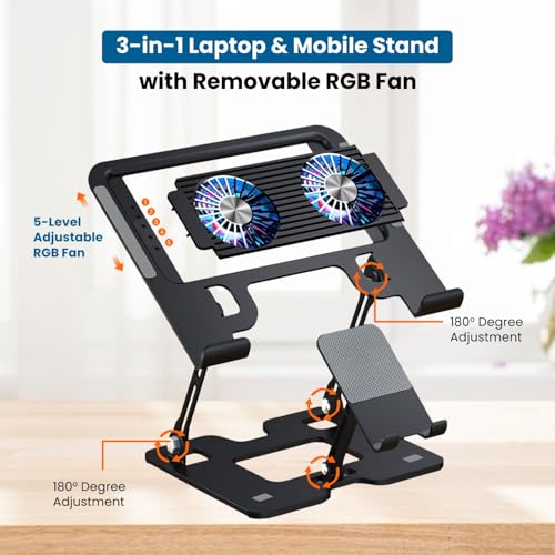 Image of Dyazo Foldable Metal Laptop & Mobile Stand with Dual Cooling Fans | Adjustable Height & Angle | Ventilated Silent Operation | Compatible for MacBook, HP, Dell, Acer, Lenovo & Other Notebooks (Black)