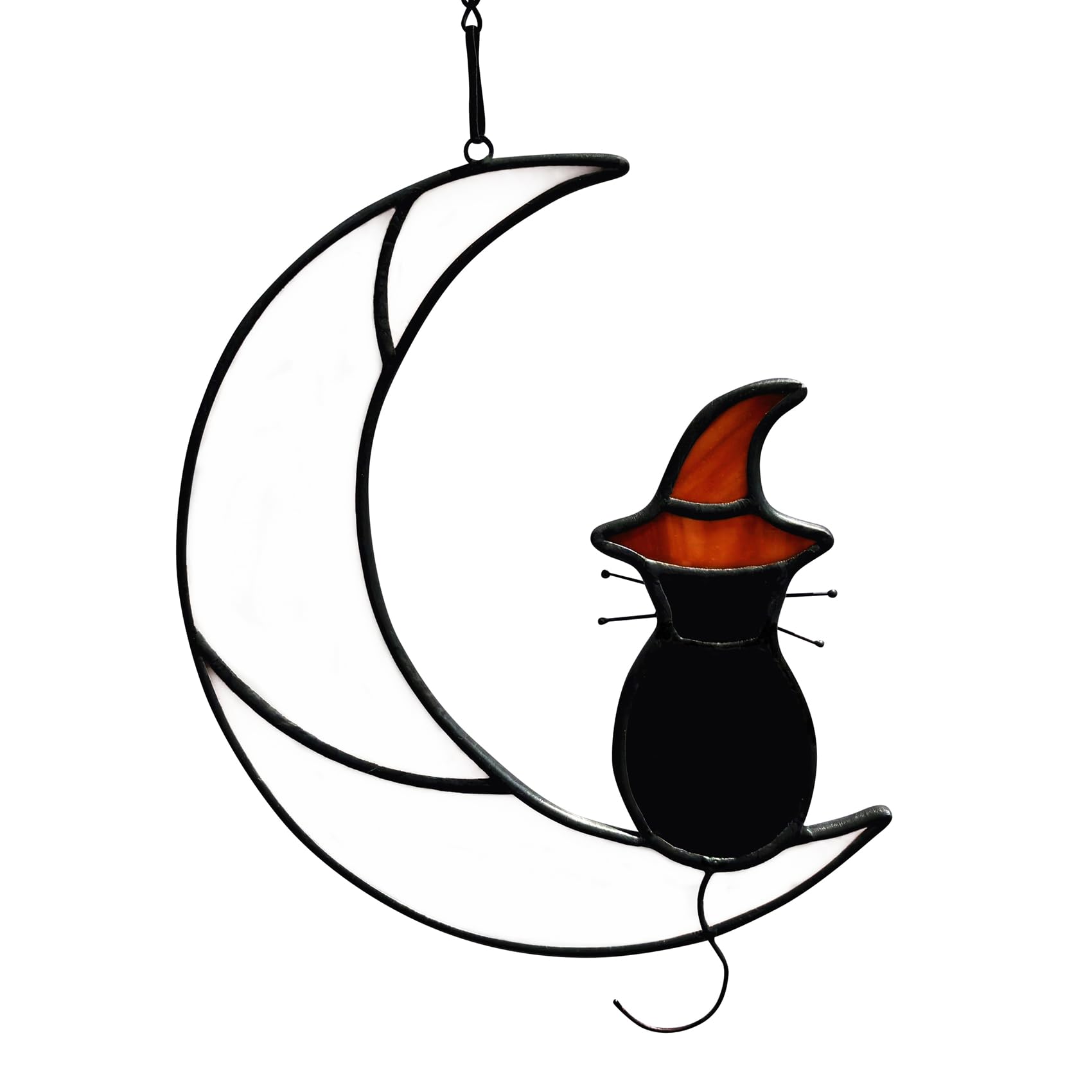 Lcensp Stained Glass Halloween Black Cat Decor Gifts for Cat Lovers Memorial, Handmade Gothic Witch Hat Stained Glass Window Hangings Suncatcher for