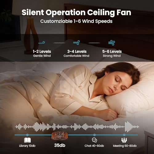 Image of 20 inch Flush Mount Ceiling Fan with Light, Wooden Caged Low Profile Fandelier with Remote, 6-Speed Reversible Bladeless Fan, Farmhouse Ceiling Fan for Bedroom, Kitchen, Living Room