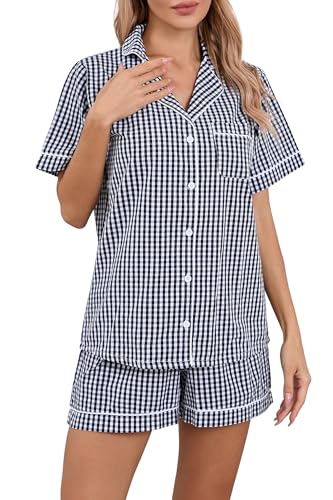 Image of LUBOT 100% Cotton Pajamas for Women 2 Piece PJ Set Poplin Woven Lightweight Ladies Button Short Sleeve Sleepwear S-XXL