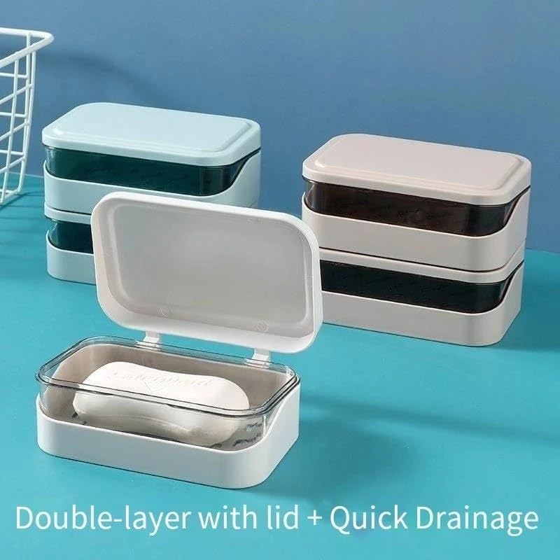 Image of Wall Mounted Soap Box with Flip Cover and Drain Tray | Detachable Inner Support | Adhesive Sticker Installation | ABS Soap Holder for Bathroom (Portable Soap Holder)