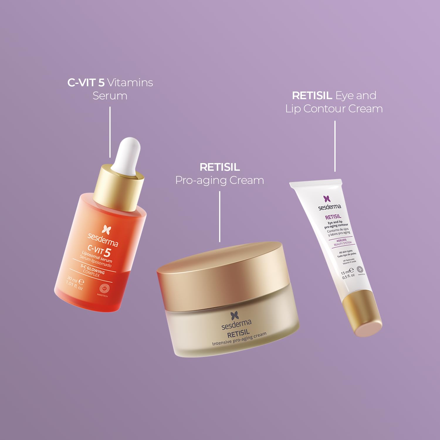 Sesderma Intense Renewal Gift Set | C-VIT 5 Vitamins Serum 1.0 fl Oz, RETISIL Pro-Aging Cream 1.7 fl Oz & Eye and Lip Contour 0.5 fl Oz | Brighten & Nourish Skin | For All Skin Types