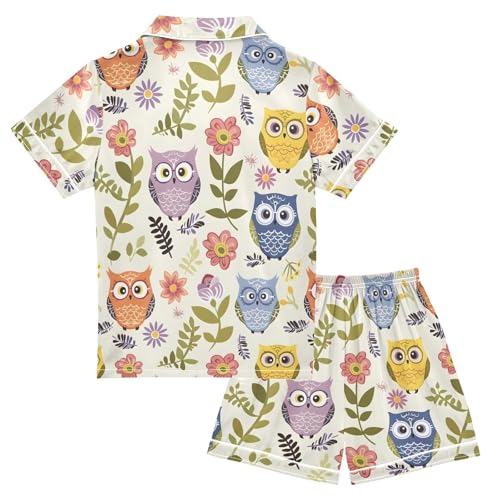 Colorful Owl Flower Pajamas Set Summer Button Down Sleepwear Pjs Sets Comfy Loungewear2