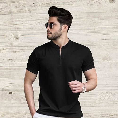 Image of Men's Black Half Sleeve T-Shirt with Zip Collar, Slim Fit Casual Wear