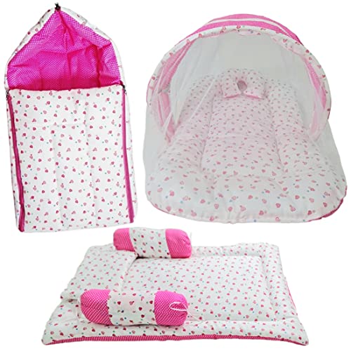 Image of BRANDONN Combo of Baby Bed with Net | Carry Bag | 4 Pcs Bedding Set(0-6 Months) (Small Hearts Pink)