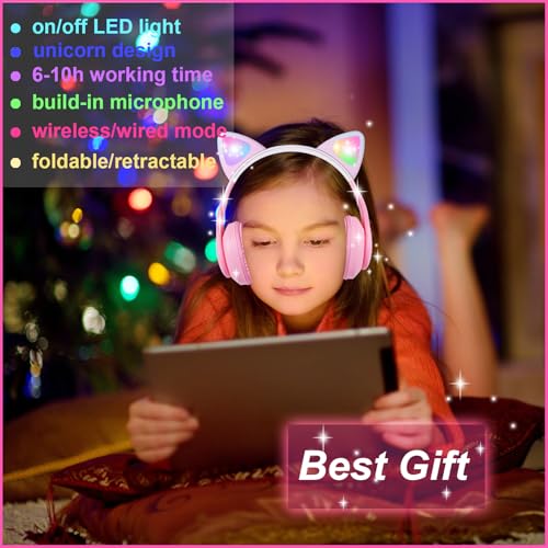 Image of Kids Wireless Headphones LED Light up Cat Bluetooth Headphones, Color Changing Cat Ear Wireless Headsets with Microphone for Kids /Girls /School /Christmas (Pink Pro)