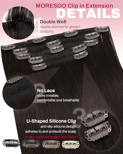 Image of Moresoo Brown Clip in Hair Extensions Real Human Hair Double Weft Human Hair Clip in Extensions Straight Dark Brown #2 5pcs 80g 16inch