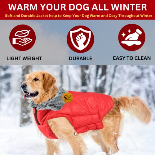 Image of Sage Square Quilted Fur Dog Winter Coat Jacket- Windproof, Waterproof, Pet Apparel, Insulated, Adjustable, Soft & Snug, Warm & Cozy Comfort for Indoor & Outdoor Use (Red) (Large - 24 inch)