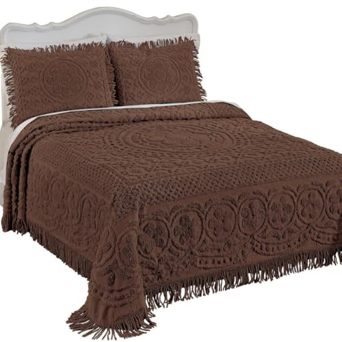 Image of Collections Etc Calista Chenille Lightweight Bedspread with Fringe Border, Chocolate, Queen
