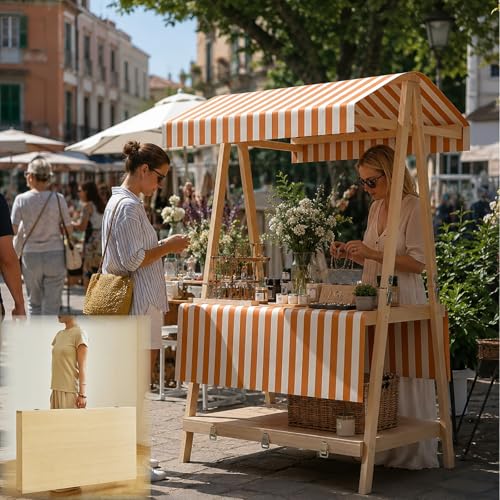 Stand de marché en bois de qualité avec structure à 2 niveaux orange