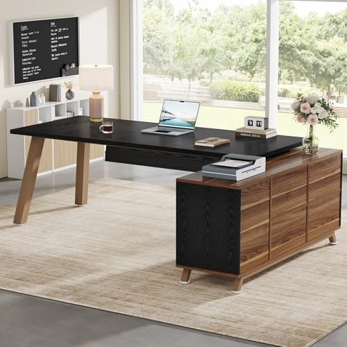 Image of Tribesigns 78.7-Inch Executive Desk, L-Shaped Desk with 55-Inch Cabinet, Large Office Desk with Storage Shelves, Modern Computer Desk for Home Office, Black & Walnut