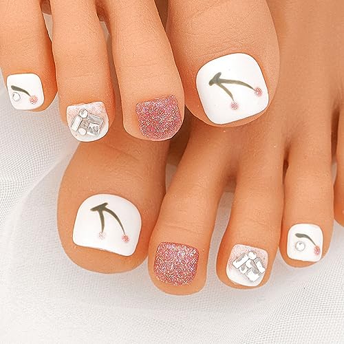 Sethexy Cuadrado Corto Uñas Postizas Hecho a mano Pedrería Purpurina Rosa Uñas de los pies a presión Pintado a mano Uñas postizas Acrílico Artificiales Uñas Adhesivas para mujeres y niñas(10)